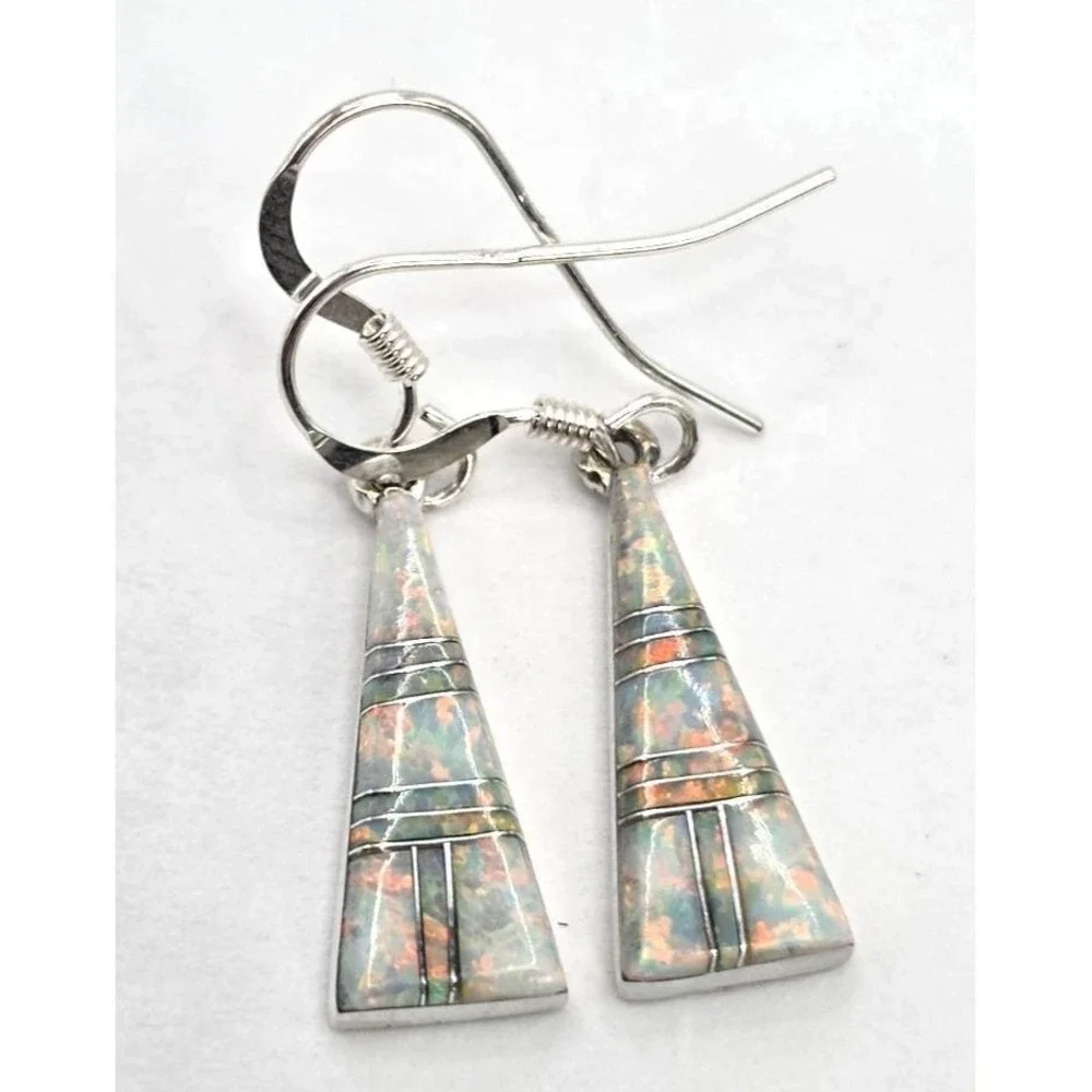 Fire Opal Dangle Earrings Sterling Silver Inlays Triangles Handmade 18.7mm NEW